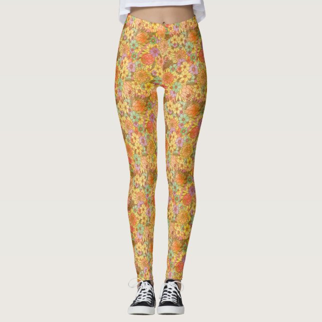 Groovy Retro Summertime Protea And Daisy Pattern Leggings (Front)