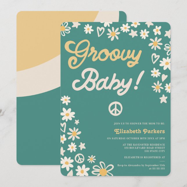 Groovy retro teal boho baby shower invitation (Front/Back)