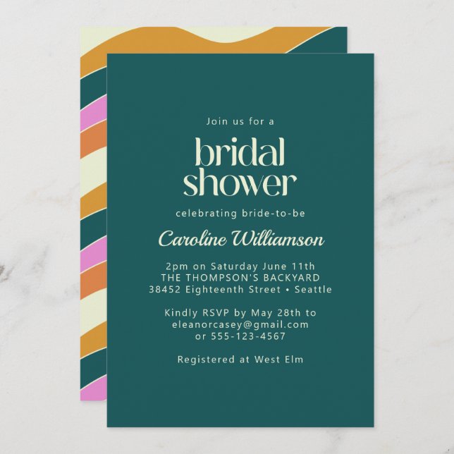 Groovy Retro Teal Green Wavy Lines Bridal Shower Invitation (Front/Back)