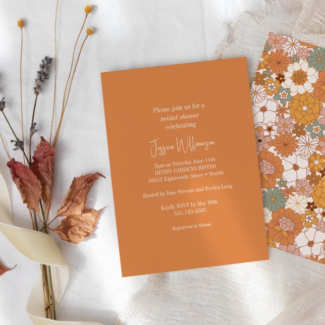 Groovy Retro Terracotta Botanical Trendy Shower Invitation (Creator Uploaded)