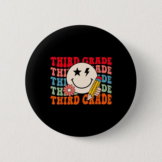 Groovy Retro Third Grade Back To School Students T 2 Inch Round Button (Front)