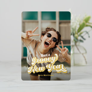 Groovy Retro Typography & Gold Foil New Years Foil Holiday Card