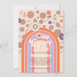 Groovy retro watercolor one  baby celebrate  invitation
