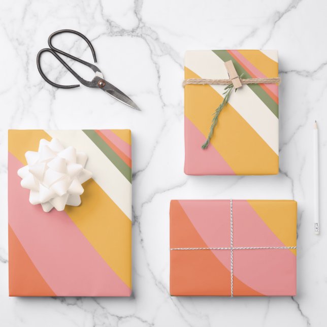 Groovy Retro Wave Lines in Green Yellow and Pink Wrapping Paper Sheet (Front)