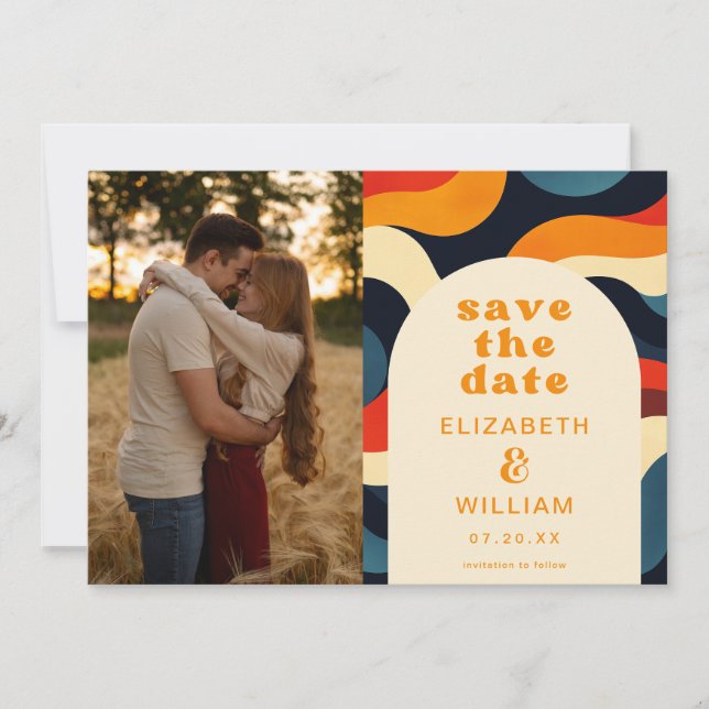 Groovy Retro Wavy Boho Wedding Photo Save The Date (Front)