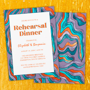 Groovy Retro Wavy Purple Wedding Rehearsal Dinner Invitation