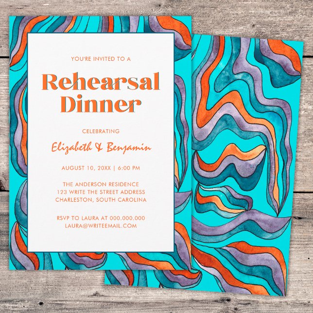 Groovy Retro Wavy Teal Wedding Rehearsal Dinner Invitation (Front and Back)