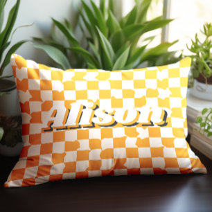 Groovy Retro Yellow Chequerboard Custom Name Lumbar Pillow