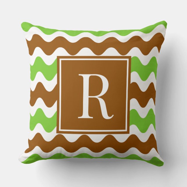 Groovy Ric Rac Stripe - Horizontal Brown & Lime Throw Pillow (Front)