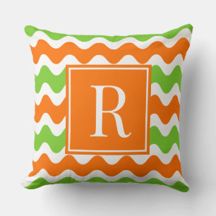 Groovy Ric Rac Stripe - Horizontal Orange & Lime Throw Pillow