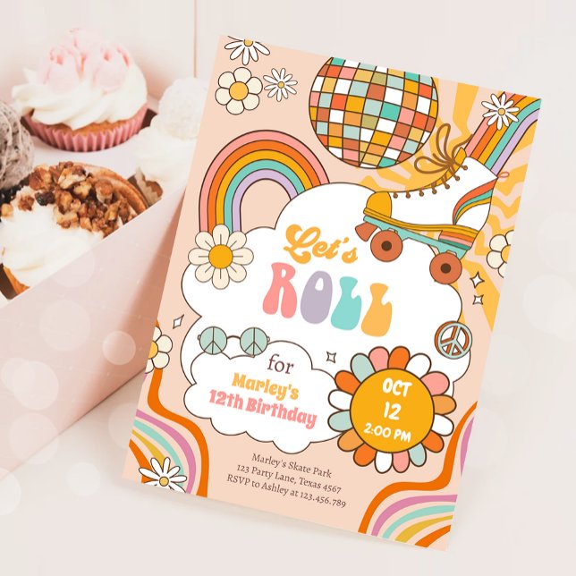 Groovy Roller Skate Retro 70s Rainbow Birthday Invitation (Creator Uploaded)