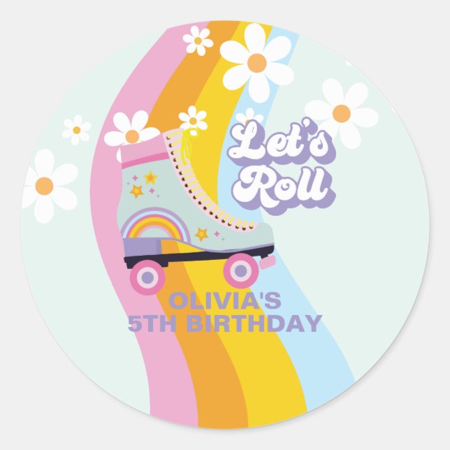 Groovy Rollerskating Retro Rainbow Birthday Classic Round Sticker (Front)
