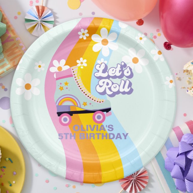 Groovy Rollerskating Retro Rainbow Birthday Paper Plate (Creator Uploaded)