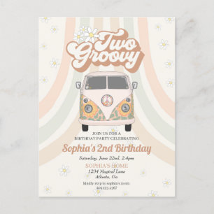 Groovy second birthday, 70s retro theme invitation postcard