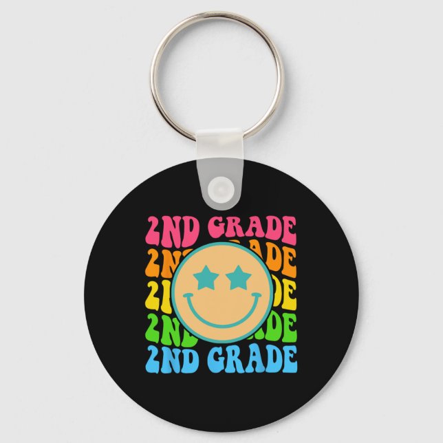 Groovy Second Grade Vibes Face Retro Teachers Back Keychain (Front)