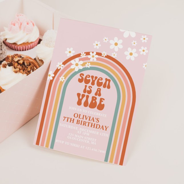Groovy Seven is a Vibe daisy rainbow 7TH birthday Invitation (Creator Uploaded)
