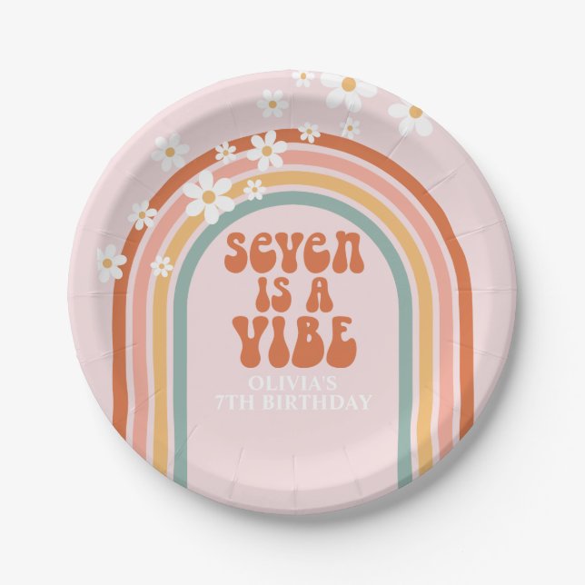 Groovy Seven is a vibe daisy rainbow 7th birthday Paper Plate (Front)