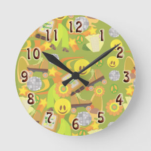 Groovy Seventies Green Disco Pattern Round Clock