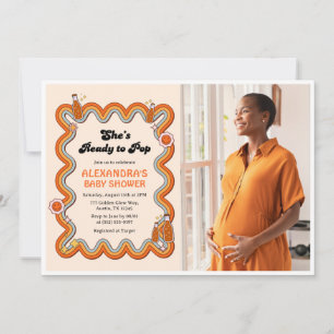 Groovy Shes Ready to Pop Persimmon Mustard Photo Invitation
