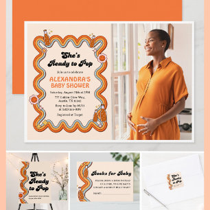 Groovy Shes Ready to Pop Persimmon Mustard Photo Invitation