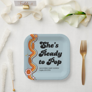Groovy Shes Ready to Pop Retro Dusty Blue Paper Plate