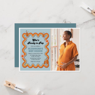 Groovy Shes Ready to Pop Retro Dusty Blue Photo Invitation