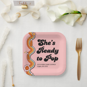 Groovy Shes Ready to Pop Retro Dusty Rose Paper Plate