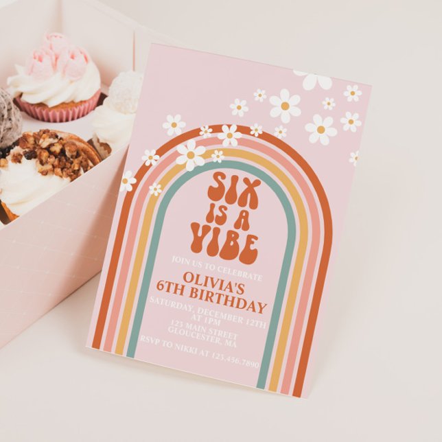 Groovy Six is a Vibe daisy rainbow 6TH birthday Invitation (Creator Uploaded)