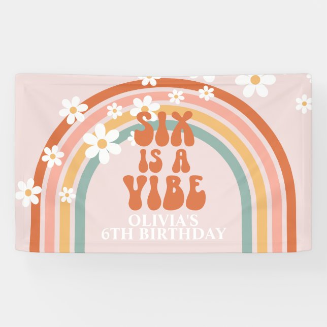 Groovy Six is a Vibe Rainbow Daisy 6th Birthday Banner (Horizontal)