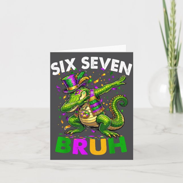 Groovy Six Seven Bruh Alligator Dabbing Mardi Gras Card (Front)