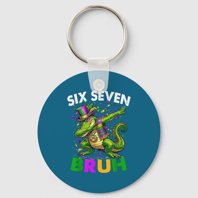 Groovy Six Seven Bruh Alligator Dabbing Mardi Gras Keychain (Front)