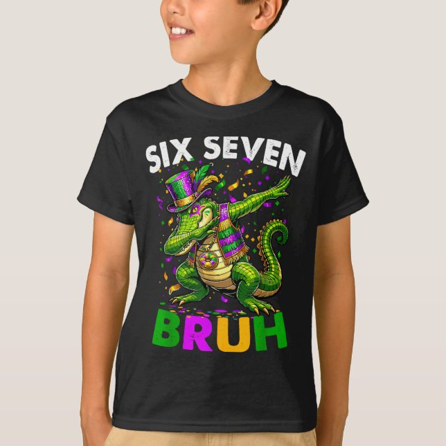 Groovy Six Seven Bruh Alligator Dabbing Mardi Gras T-Shirt (Front)