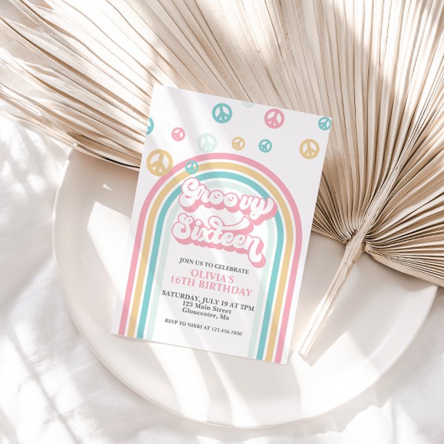 Groovy Sixteen  Retro Summer Rainbow Invitation (Creator Uploaded)