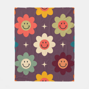 Groovy Smiley Flower Pattern Retro 70s Daisy Flo Fleece Blanket
