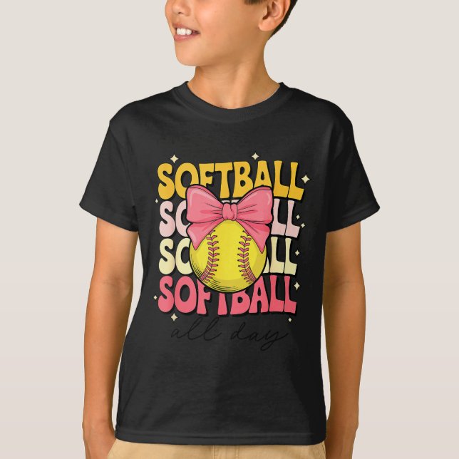 Groovy Softball Coquette Bow Softball Lover Softba T-Shirt (Front)