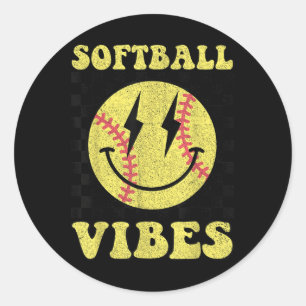 Groovy Softball Vibes Smile Face Girls Women  Classic Round Sticker