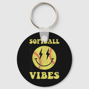 Groovy Softball Vibes Smile Face Girls Women Keychain