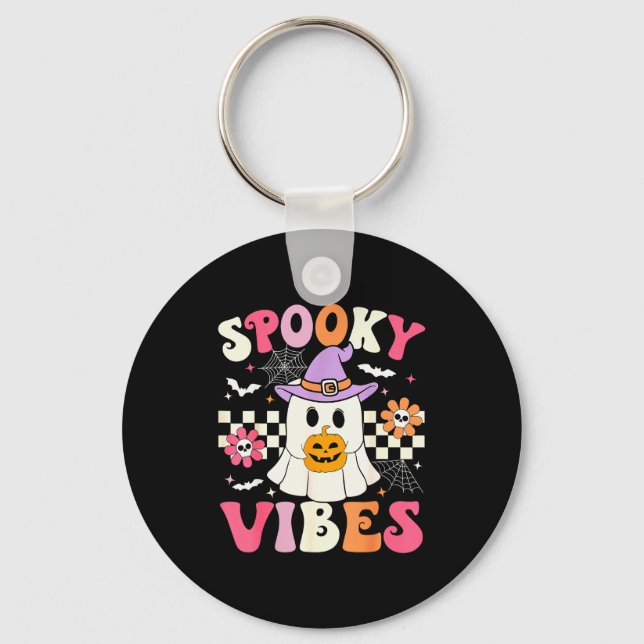 Groovy Soky Vibes Retro Ghost Holding Pumpkin Hall Keychain (Front)