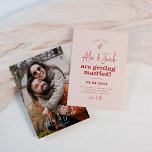 Groovy Sparkle Retro 70s Pink & Red Photo Wedding Invitation<br><div class="desc">A fun and funky wedding invitation. The front of this card features a cream-pink background with cherry red typography. The couple's names are written in a modern handwriting-style script lettering font with "are getting married" in groovy retro typography. Above the names, there is a hand-drawn sparkle illustration. Below, the event...</div>