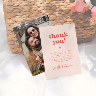 Groovy Sparkle Retro 70s Pink & Red Photo Wedding Thank You Card