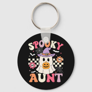 Groovy Spooky Aunt Ghost Holding Pumpkin Halloween Keychain