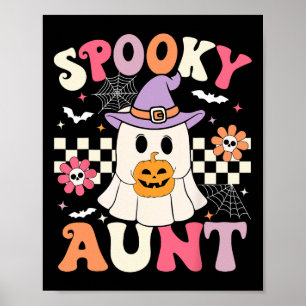 Groovy Spooky Aunt Ghost Holding Pumpkin Halloween Poster
