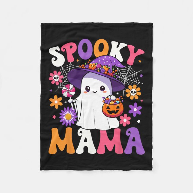 Groovy Spooky Mama Halloween Ghost Pumpkin Hallowe Fleece Blanket (Front)
