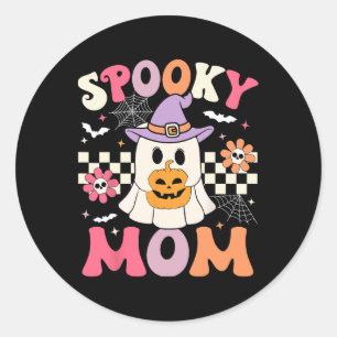 Groovy Spooky Mom Retro Ghost Holding Pumpkin Hall Classic Round Sticker