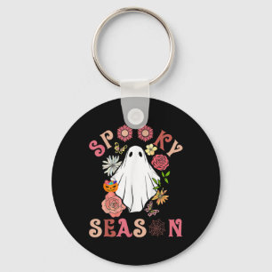 Groovy Spooky Season Cute Ghost Holding Pumpkin Ha Keychain