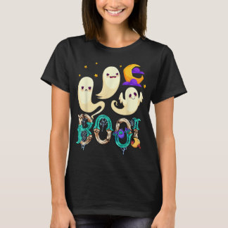 Groovy Spooky Season Cute Ghost Holding Pumpkin Ha T-Shirt