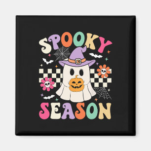 Groovy Spooky Season Retro Ghost Holding Pumpkin H Magnet