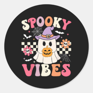 Groovy Spooky Vibes Retro Ghost Holding Pumpkin Ha Classic Round Sticker