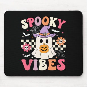 Groovy Spooky Vibes Retro Ghost Holding Pumpkin Ha Mouse Pad