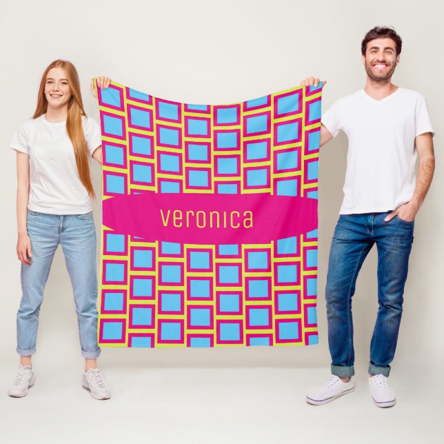 Groovy Squares Neon Pink Blue Yellow Green Name Fleece Blanket (In Situ)